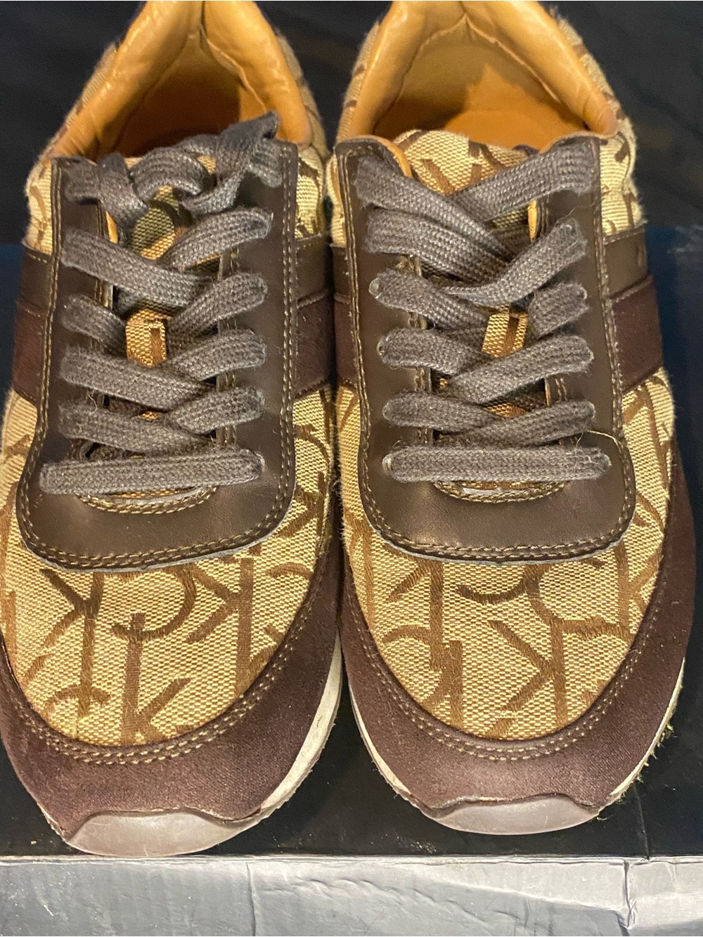 Calvin Klein Brown and Tan Logo Knit Athletic Sneakers
